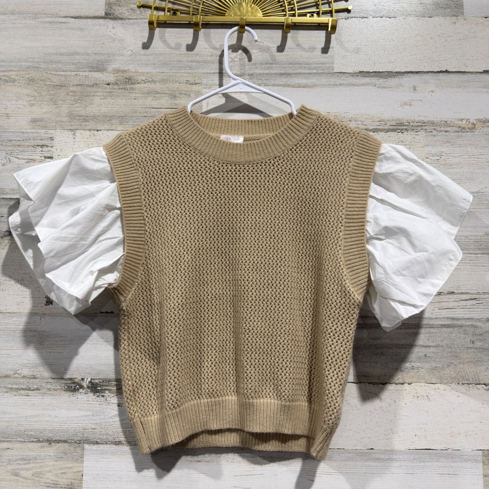 So Me Sweater Top Women M Tan Mixed Media Ruffle Sleeve Cottagecore EUC